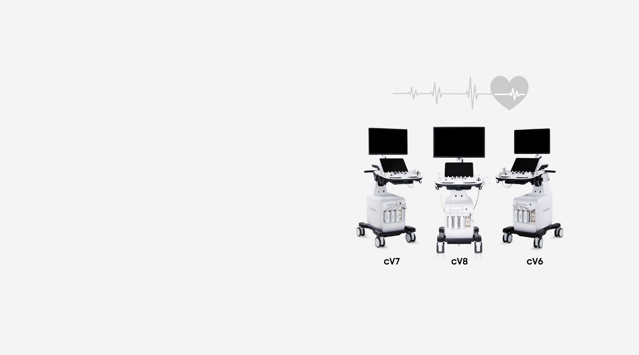 Samsung cV Ultrasound series lineup featuring cV5, cV6, cV7, and cV8 cardiovascular ultrasound machines with advanced diagnostic displays and heart monitoring technology