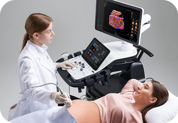 V7 ultrasound of a pregnant woman: Doctor with an ultrasound probe to scan a pregnant woman.
